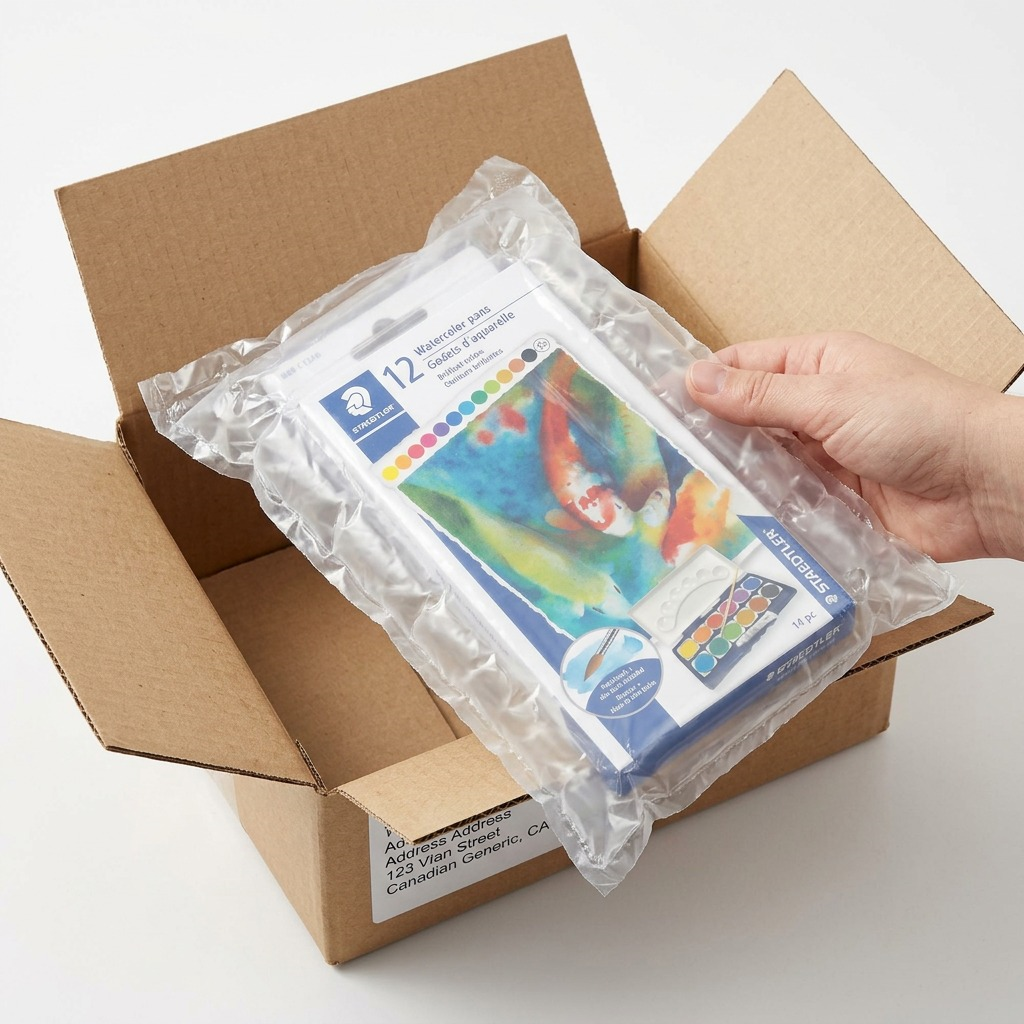 An unboxing scene shows a protective bubble wrap pouch around the STAEDTLER watercolor set and shipping box, reflecting secure delivery.