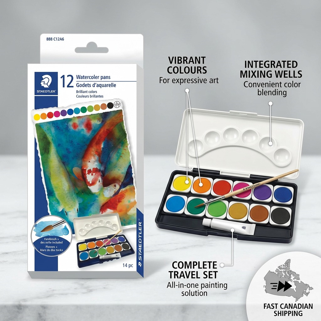 A clean ecommerce feature graphic with callouts for the STAEDTLER watercolours, mixing wells, and included brush.