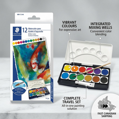 A clean ecommerce feature graphic with callouts for the STAEDTLER watercolours, mixing wells, and included brush.
