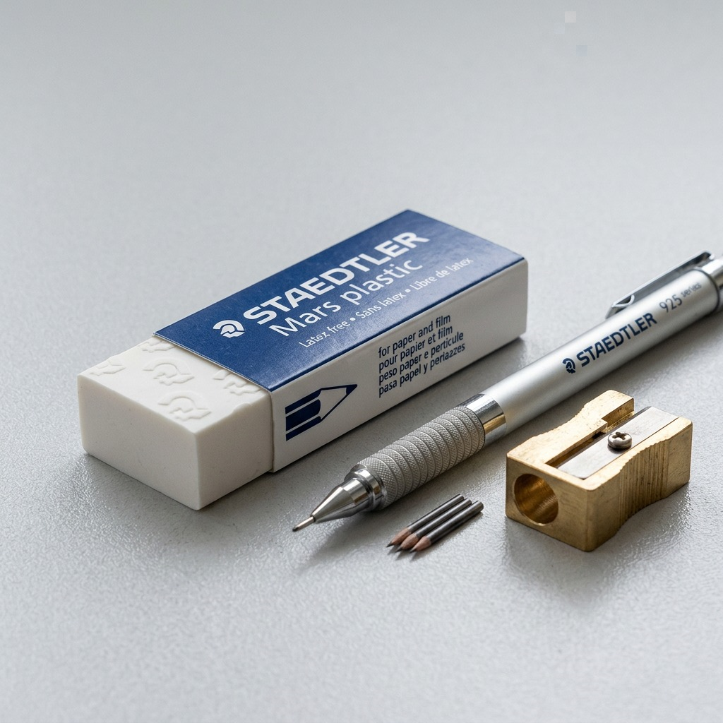 A photographic scale reference of the Staedtler Mars plastic eraser beside a mechanical pencil.