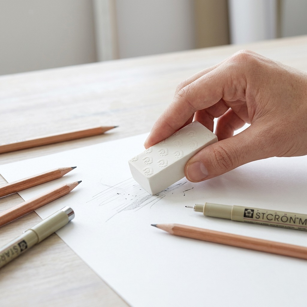 Lifestyle shot: The STAEDTLER Mars plastic eraser in a clean desk setting, near pencils and a sketch.