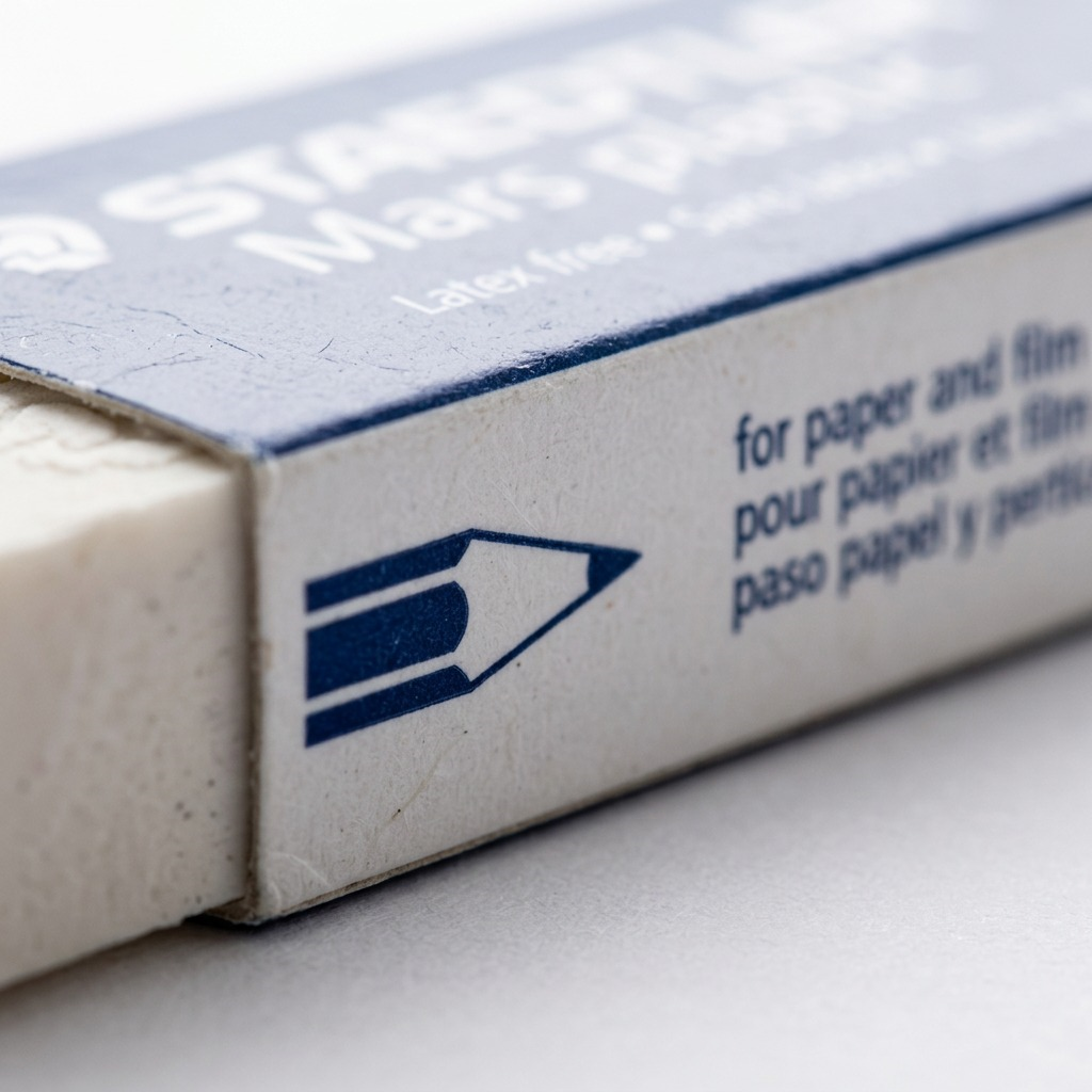 A detailed macro view of the Staedtler Mars plastic eraser's specific pencil graphic and surface.