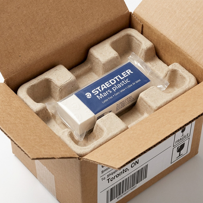 A photograph showing an opened, premium ecommerce box with a STAEDTLER Mars plastic eraser secure within protective dunnage.