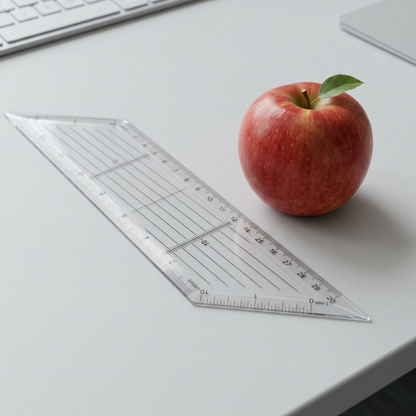 A clear plastic 10-inch 45-degree triangle set square shown to scale next to an apple on a gray textured desk.