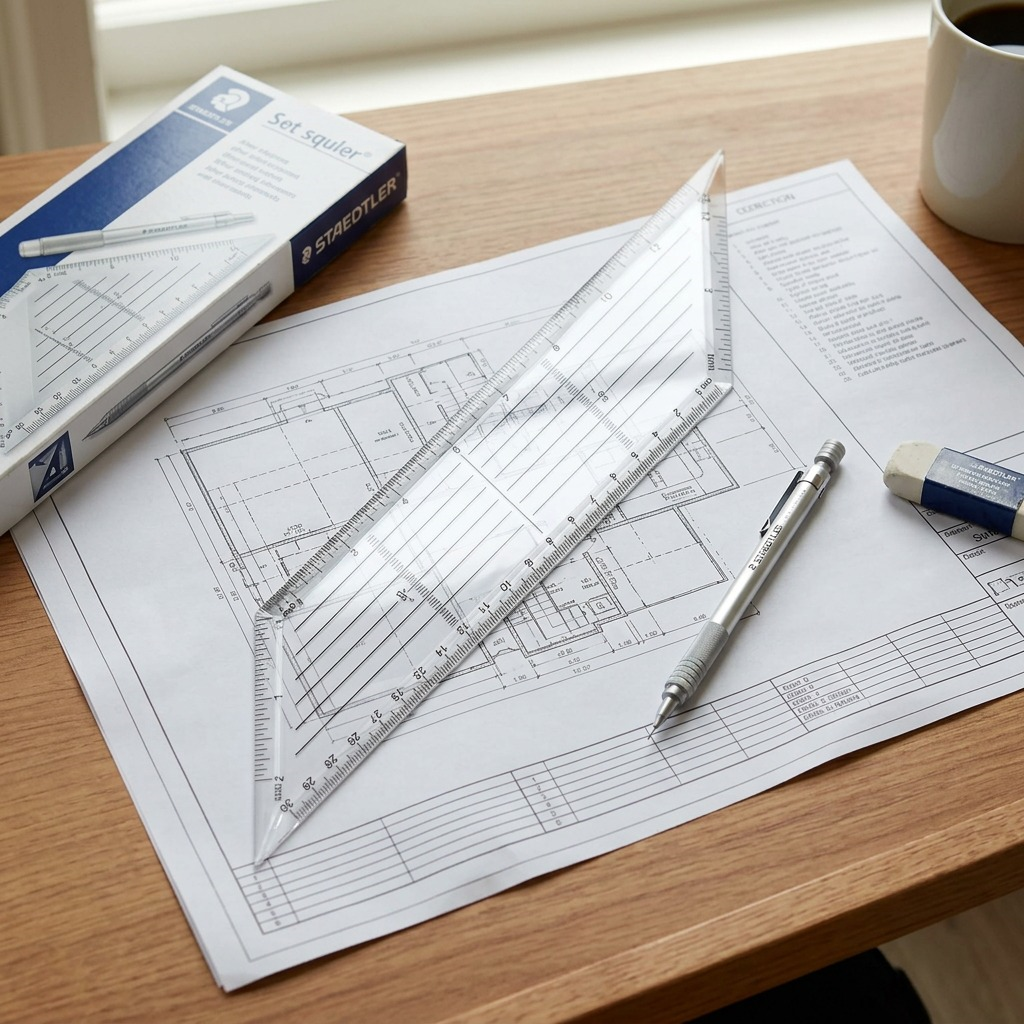 An acrylic set square lies on paper with technical drawings and a pencil for technical design.