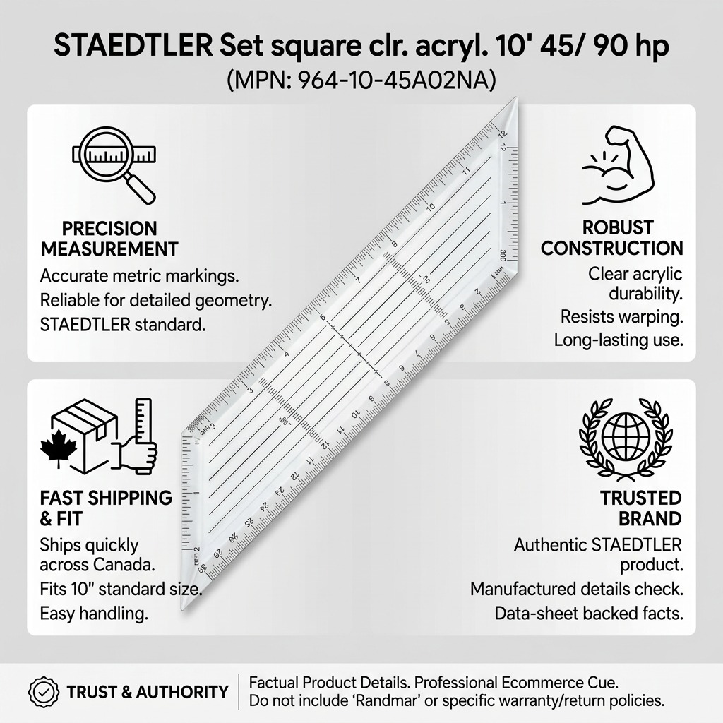 Trusted brand infographic featuring the 10" STAEDTLER set square with factual details and fast Canada shipping.