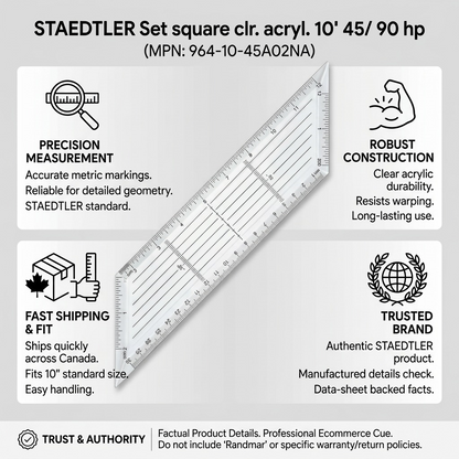 Trusted brand infographic featuring the 10" STAEDTLER set square with factual details and fast Canada shipping.