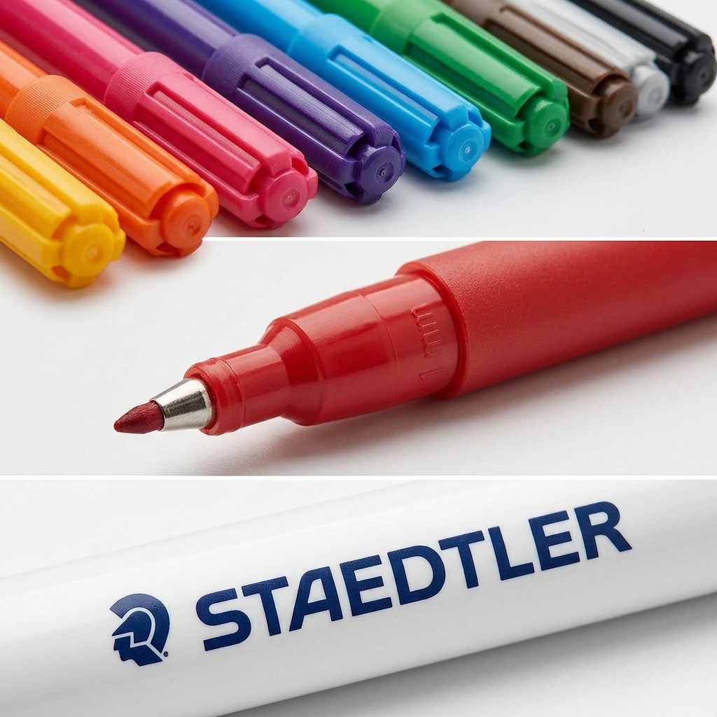 Macro view of the STAEDTLER STAEDTLER fiber-tip pen cap and nozzle, showing vibrant ink and fine 1mm nib detail.