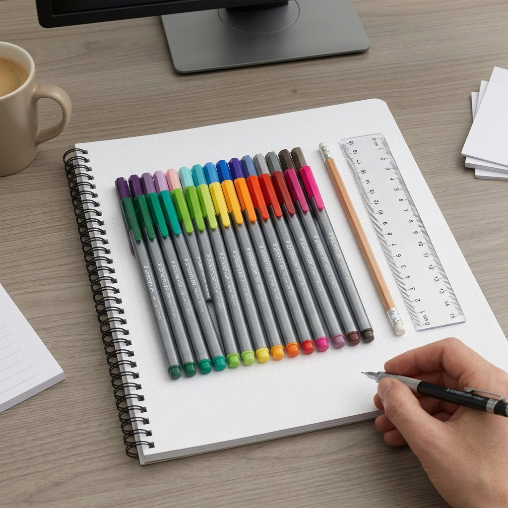 STAEDTLER Triplus 30-pen set on marked notebook with reference pencil, showing realistic size.