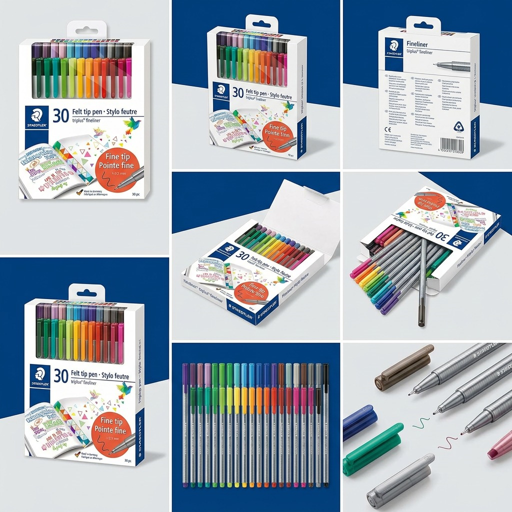 A six-panel visual matrix displaying the STAEDTLER Fineliner triplus 30-piece set from multiple useful angles.