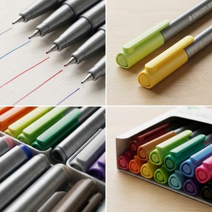 Extreme macro view of Staedtler Triplus Fineliner tip on drawing, showcasing the fine line detail and triangular shape.