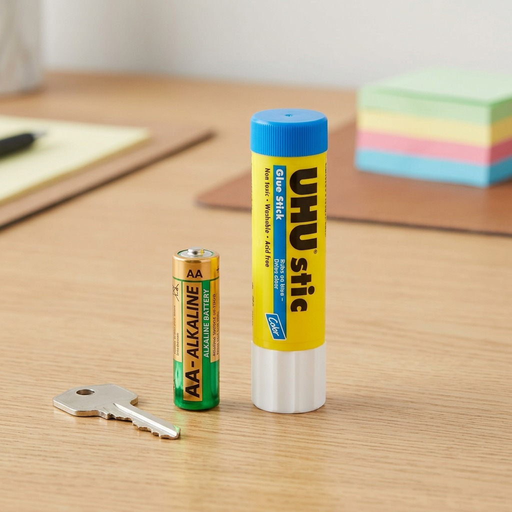 A UHU Color Blue Glue Stick (21g) standing upright on a desk next to a physical AA battery to show its actual size.