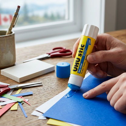 A lifestyle image featuring the official UHU BLUE GLUE STICK 21gr in an open and actively used state on a messy wooden desk, applying glue to blue paper with other office supplies nearby, emphasizing its function.
