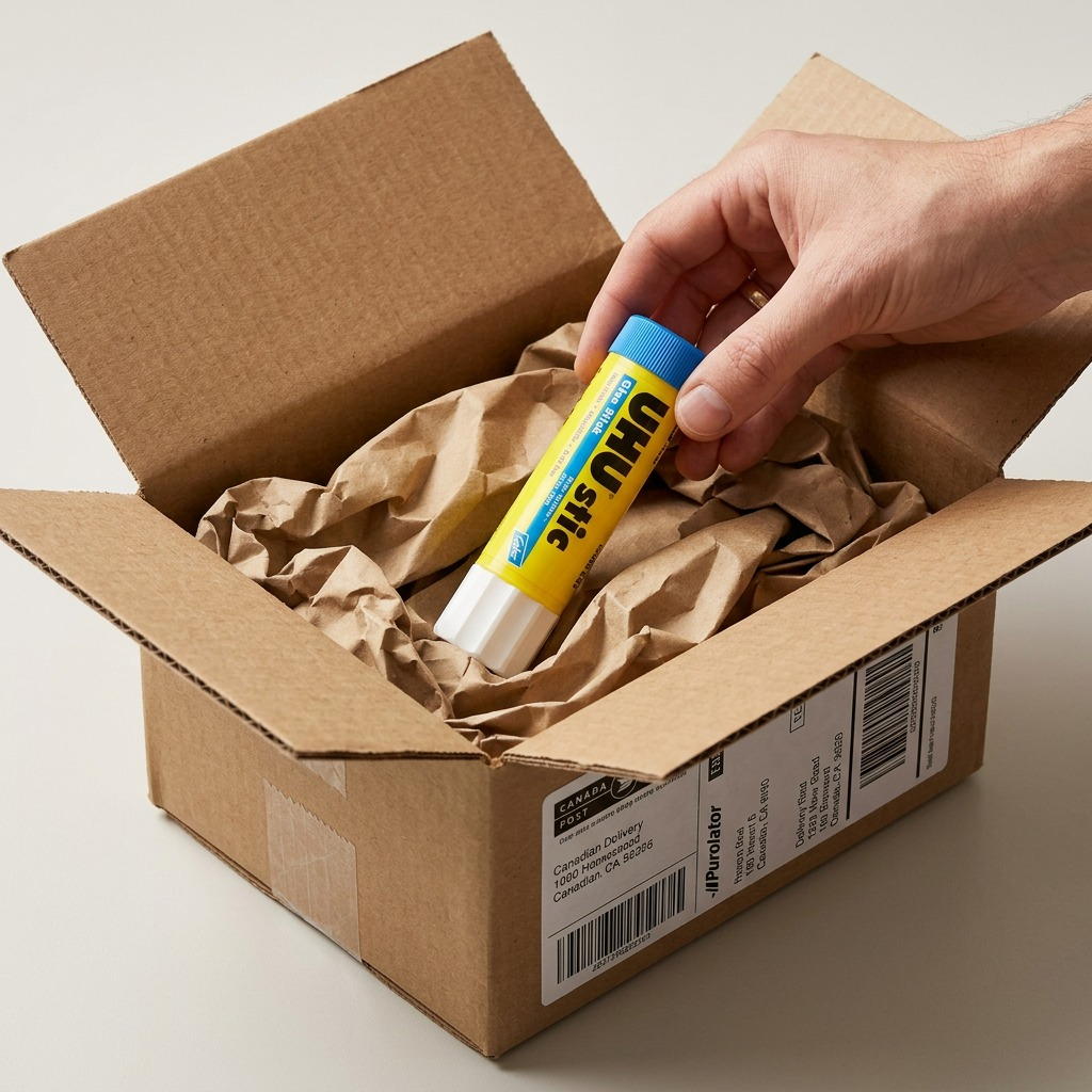 A photo of a UHU stic (21gr) being securely unpacked from a protective shipping box with kraft paper fill.