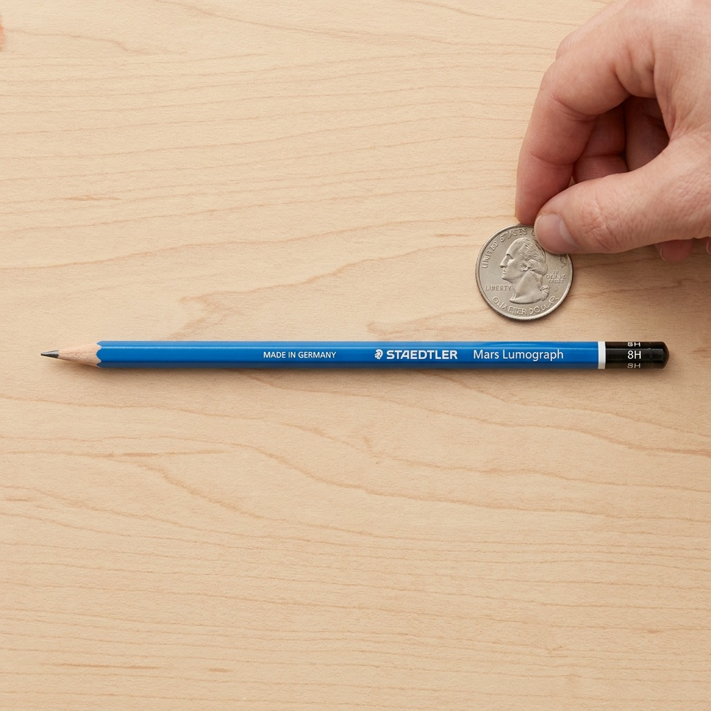 Scale reference: The STAEDTLER Mars Lumograph 8H pencil next to a US quarter on a white desk.