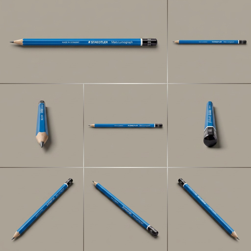 A 3x2 grid display showcasing six STAEDTLER Mars Lumograph 8H pencils, identical to image_0.png, viewed from different angles. One shows the left logic, another the top, a third the right end, a fourth the bottom, and two show a 45-degree angle. Natural studio lighting on a premium warm grey background. No text or logos. This visual matrix illustrates different viewpoints of the single product.