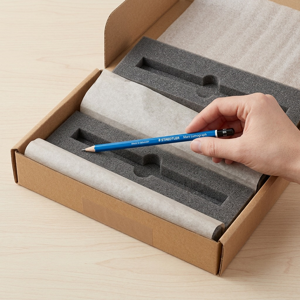 Premium unboxing of a STAEDTLER Mars Lumograph 8H pencil, removed from protective foam and paper.