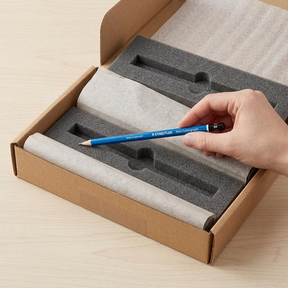 Premium unboxing of a STAEDTLER Mars Lumograph 8H pencil, removed from protective foam and paper.