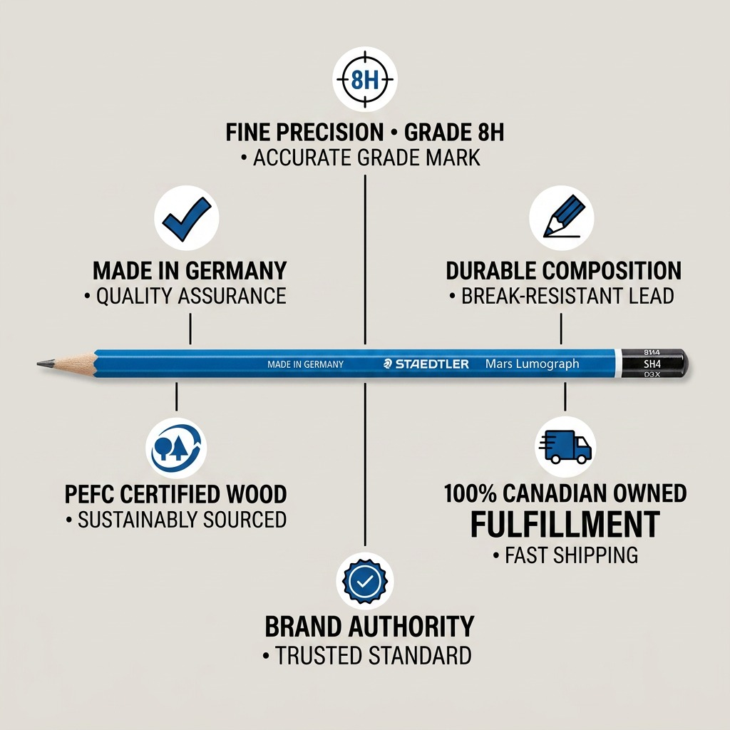 PDP visual matrix showing STAEDTLER Mars Lumograph 8H pencil with trust icons on clear background.