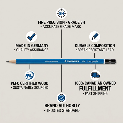 PDP visual matrix showing STAEDTLER Mars Lumograph 8H pencil with trust icons on clear background.