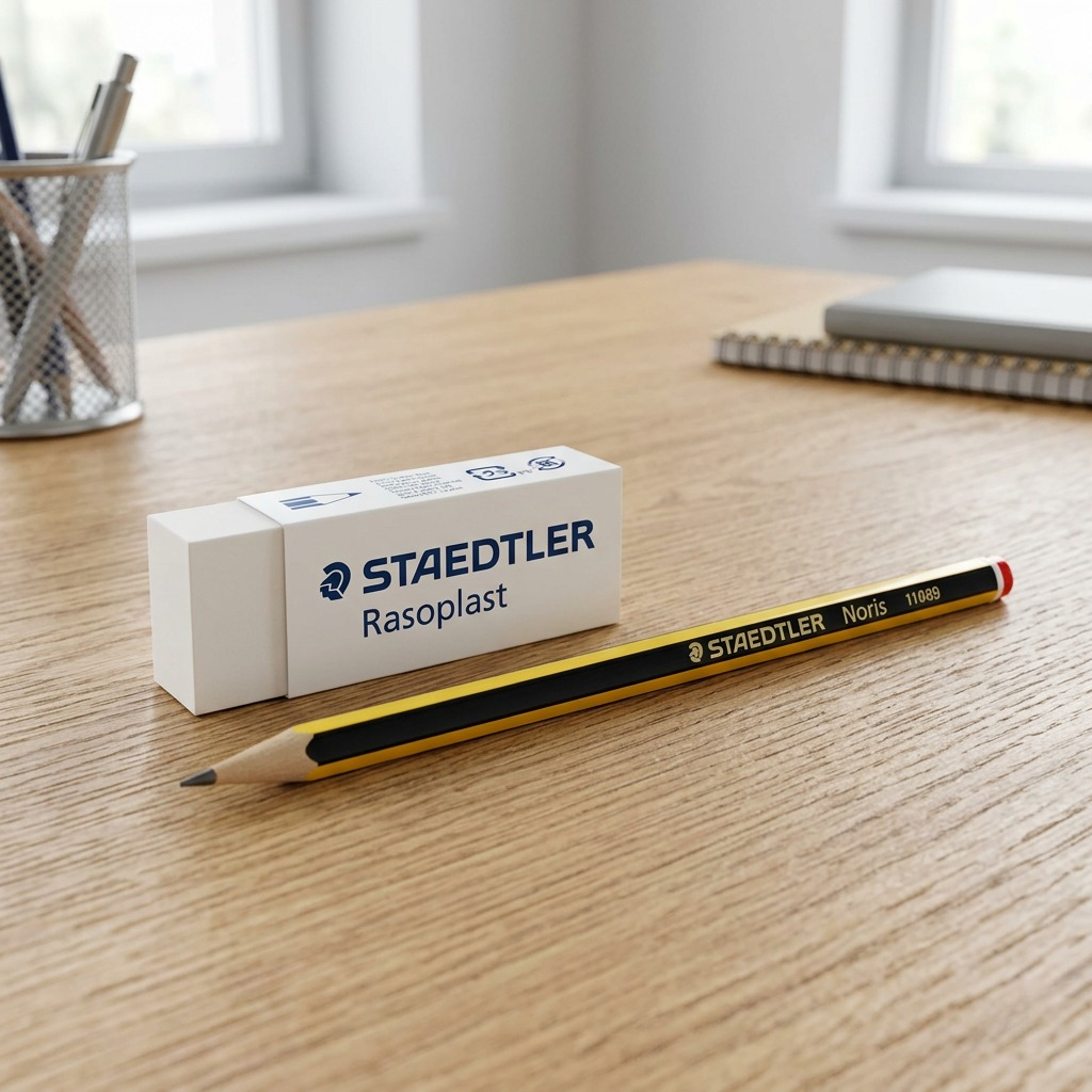 Scale reference photo of a large STAEDTLER Rasoplast eraser next to a standard graphite pencil on a simple desk.
