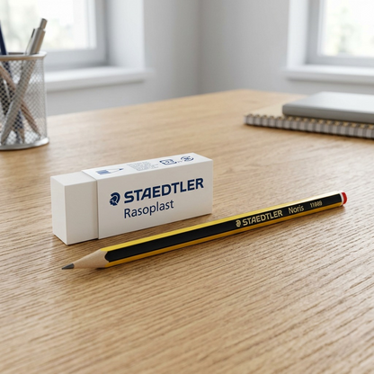 Scale reference photo of a large STAEDTLER Rasoplast eraser next to a standard graphite pencil on a simple desk.