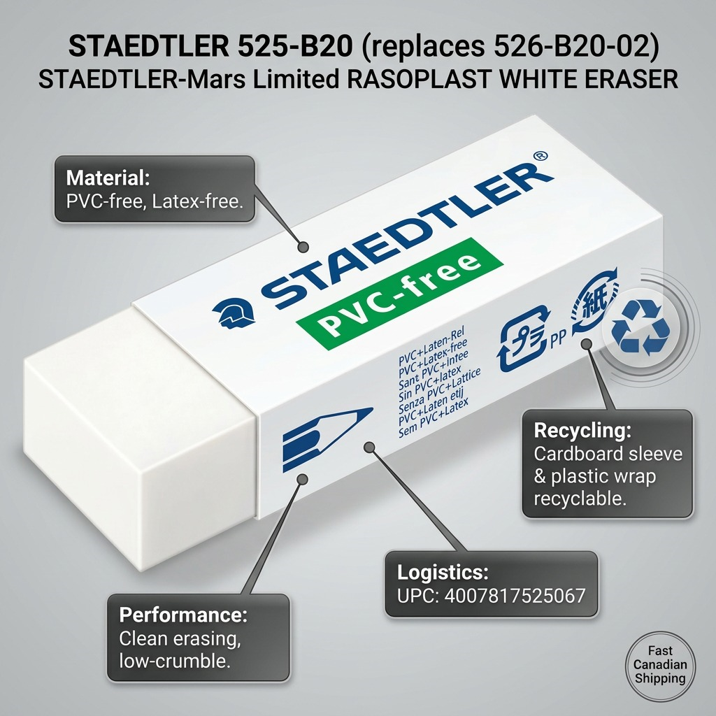 Feature graphic for STAEDTLER Rasoplast eraser (525-B20) highlighting PVC-free material and clean erasing performance.