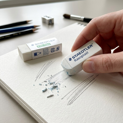 A macro photo shows a large white STAEDTLER Rasoplast PVC-free eraser being used on pencil sketches.