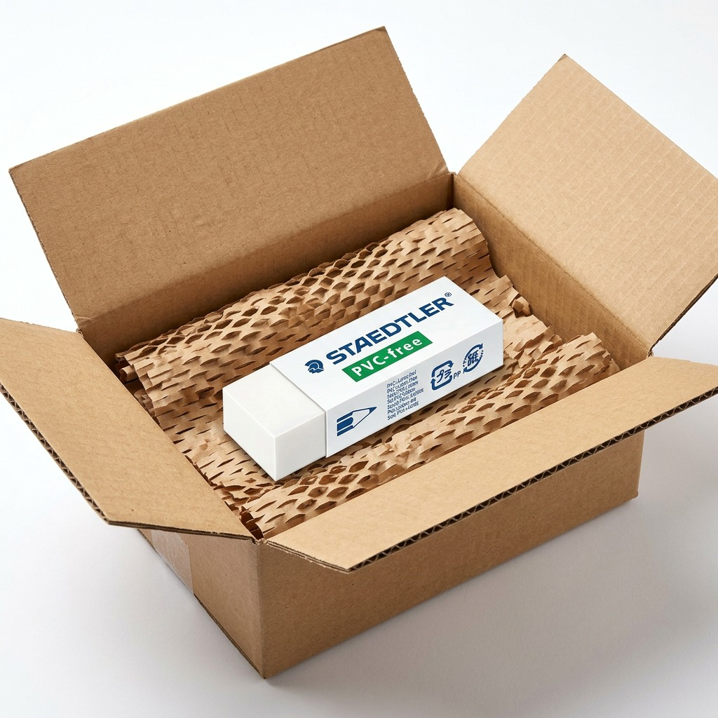 A Staedtler Rasoplast white eraser arrives safe and protected in a corrugated box with honeycomb padding.