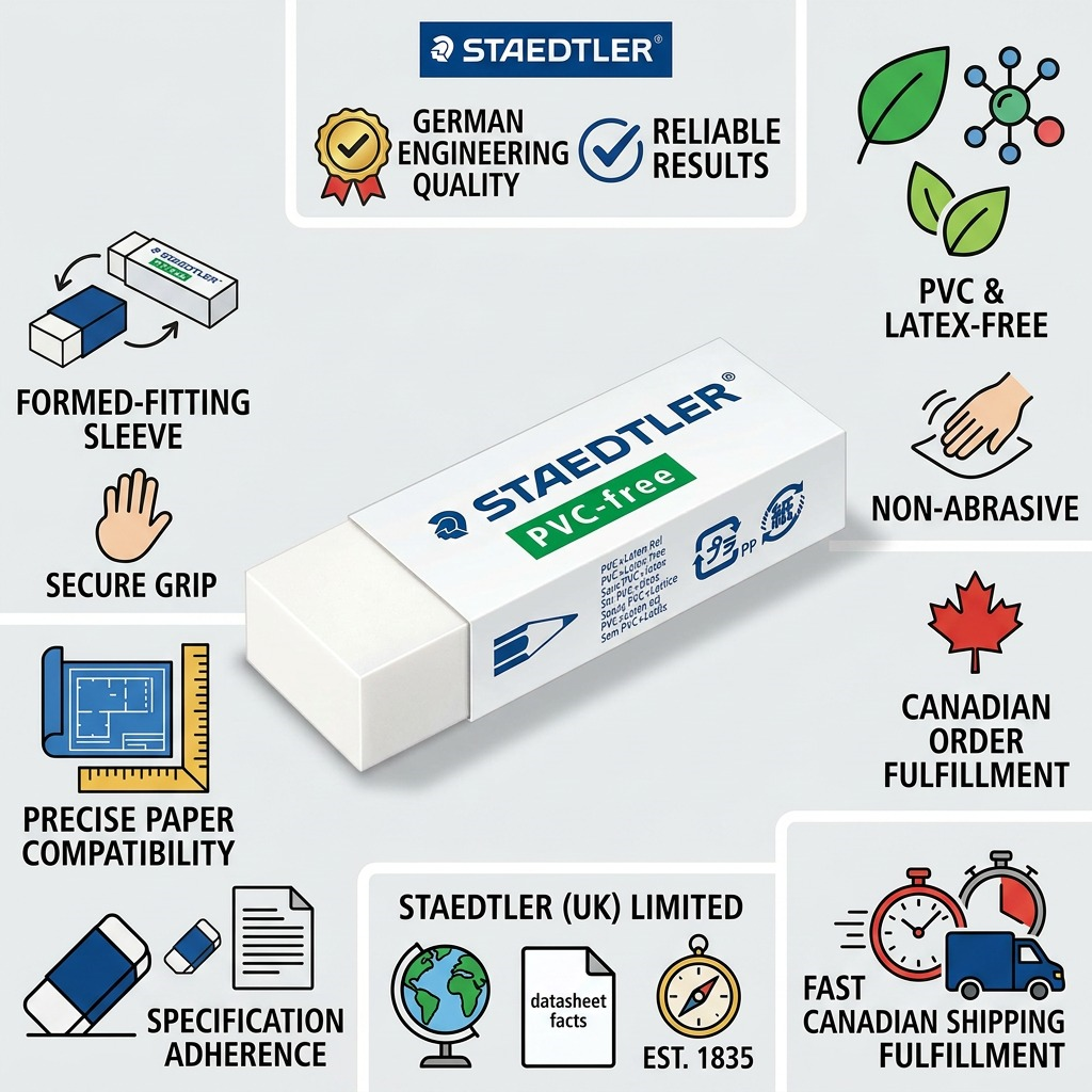 An infographic matrix for the STAEDTLER 525-B20 eraser highlighting product specifications and reliability cues.
