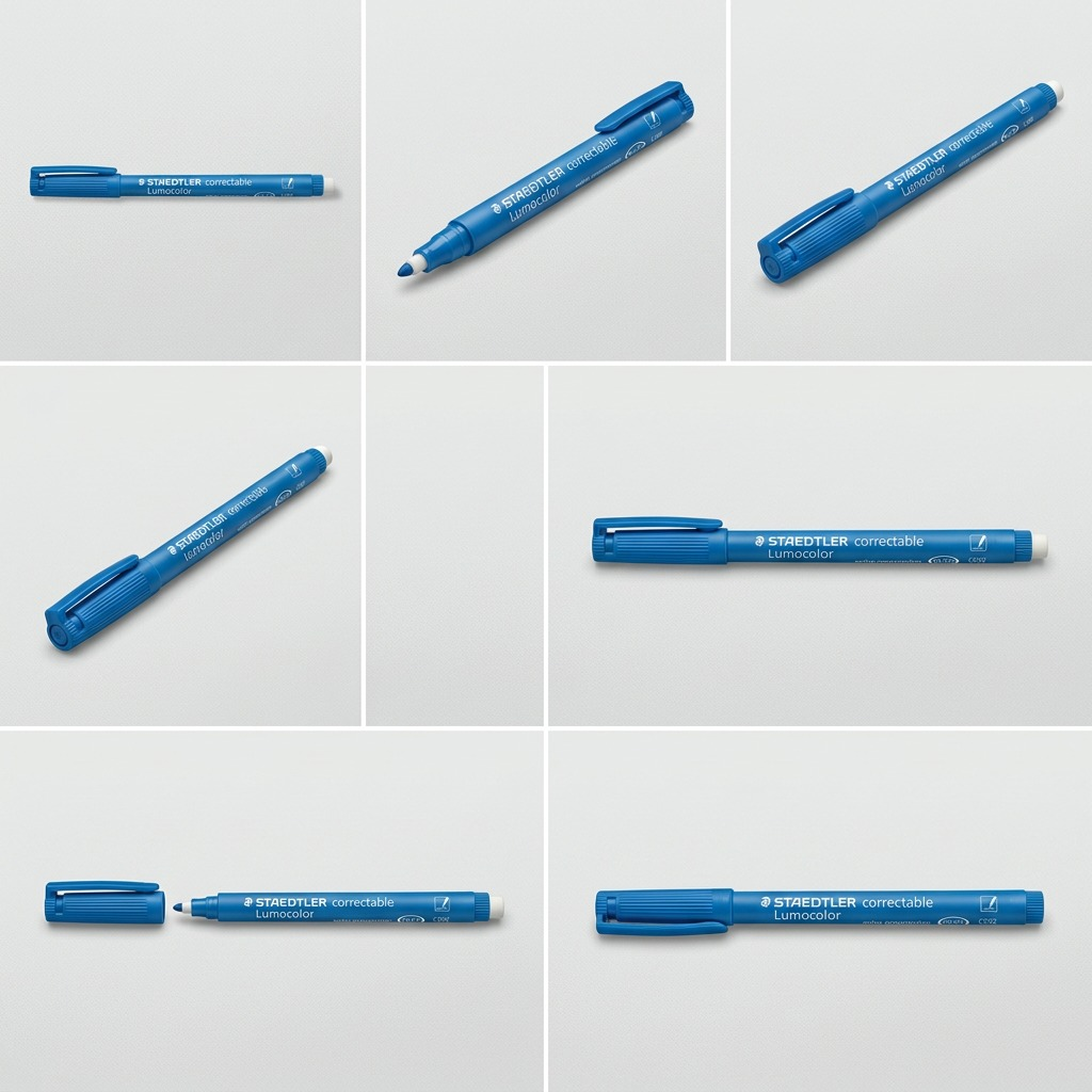 An ecommerce-style product matrix showing six views of the STAEDTLER Lumocolor correctable marker from varied angles and orientations on a clean light grey grid background.