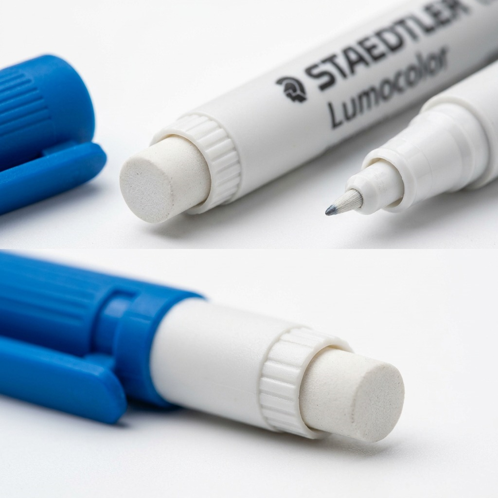 Macro photo detailing the fine-point nib and integrated white eraser of the STAEDTLER correctable marker.