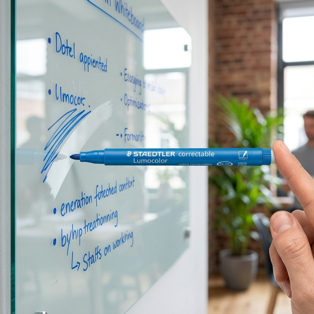 Lifestyle photo of a Staedtler Correctable Lumocolor marker on a transparent whiteboard with erased marks.