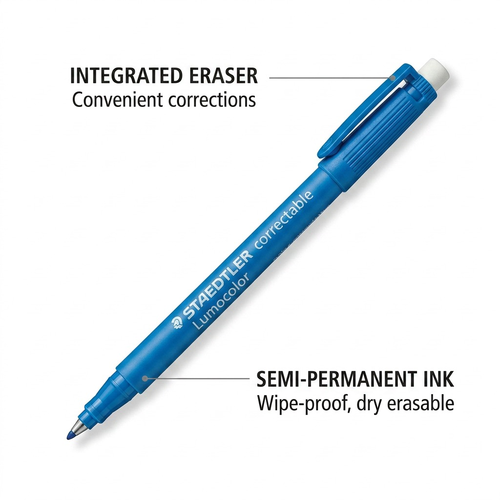 A polished ecommerce infographic showing the STAEDTLER Lumocolor M marker with callouts for "Semi-permanent dry erase ink" and "Integrated correction eraser tip".