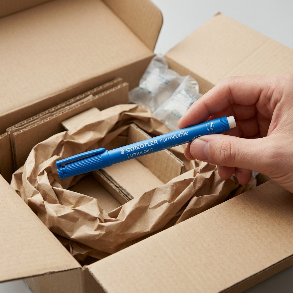 Unboxing a blue Staedtler correctable pen, well-protected by bubble wrap inside a sturdy cardboard shipping box.