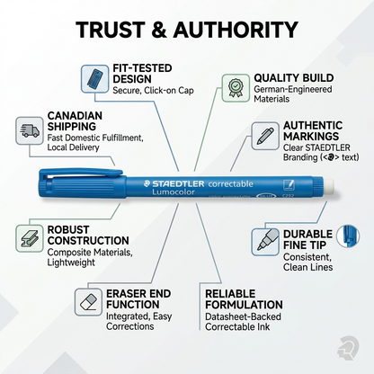 Trust and authority infographic for the STAEDTLER Lumocolor M marker with Canadian shipping details.