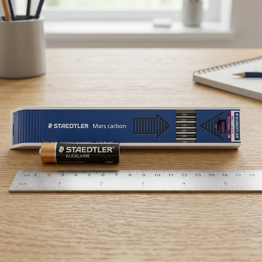 An image of a pack of STAEDTLER Mars Carbon 2mm lead refills next to a standard AA battery.A pack of STAEDTLER Mars Carbon 2mm lead refills placed next to a standard AA battery to provide a visual size comparison on a clean grey surface.