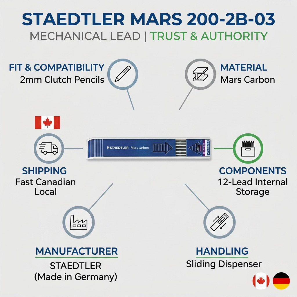 A trust and authority infographic template showcasing the STAEDTLER Mars Carbon lead refilling case with factual points.