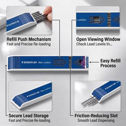 Feature chart for STAEDTLER Mars carbon leads box, with detail views.