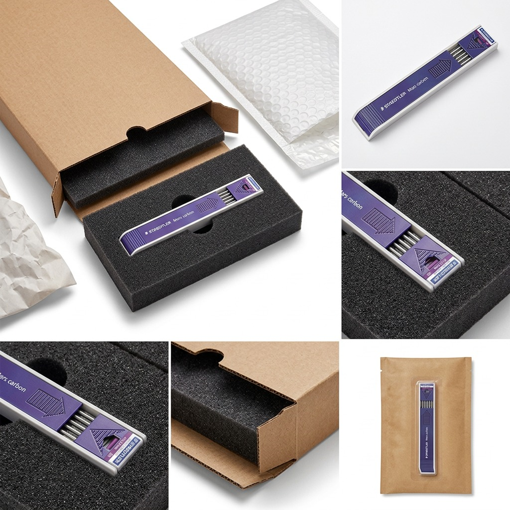 A photographic matrix of the STAEDTLER Mars carbon lead tube, showing it nestled in protective packaging and pristine upon delivery, in a realistic, premium ecommerce setting.