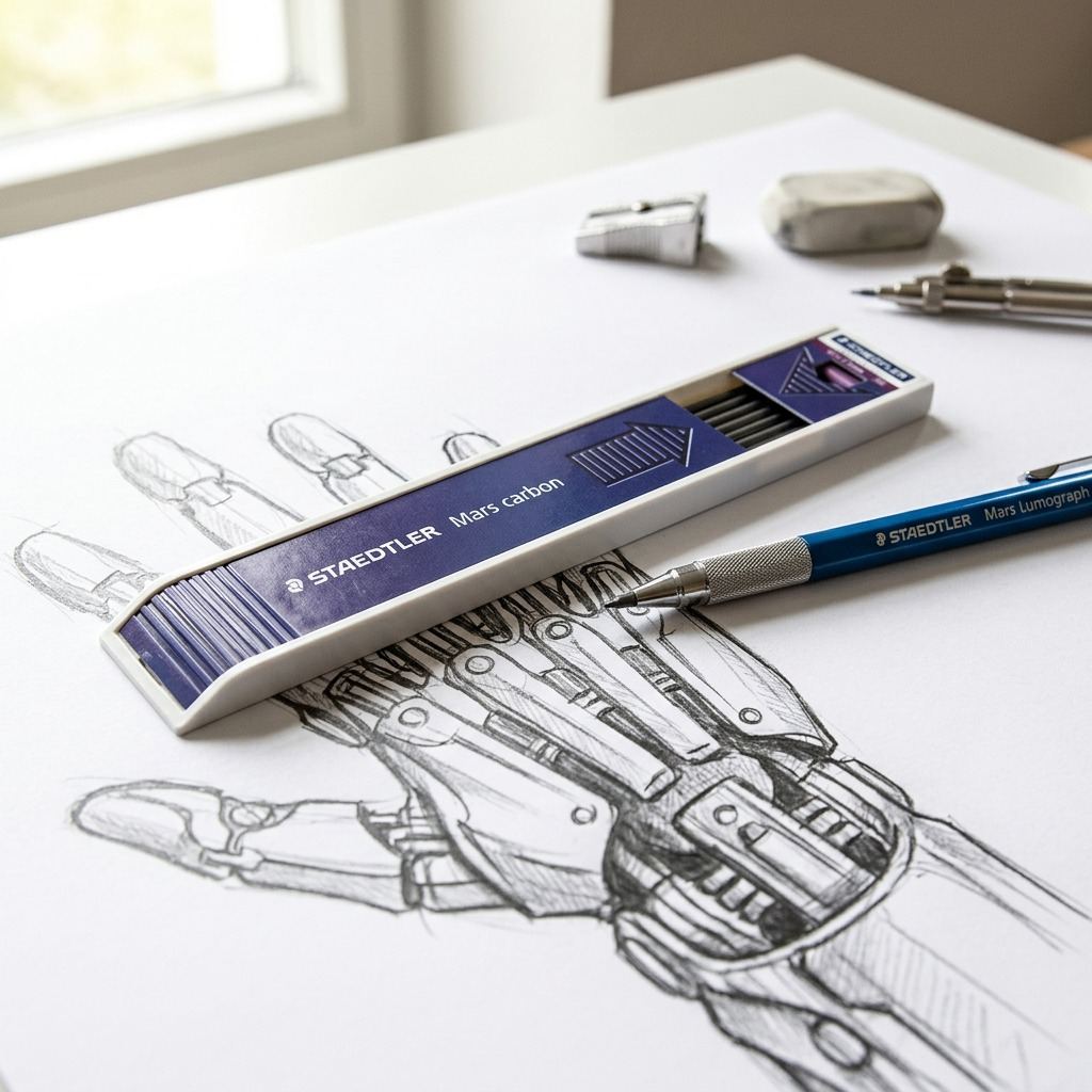 A Mars Lumograph pencil, with 2B lead visible, rests on detailed pencil drawings next to the Staedtler Mars carbon 200 lead case. (99 characters)