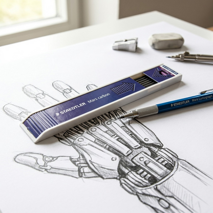 A Mars Lumograph pencil, with 2B lead visible, rests on detailed pencil drawings next to the Staedtler Mars carbon 200 lead case. (99 characters)