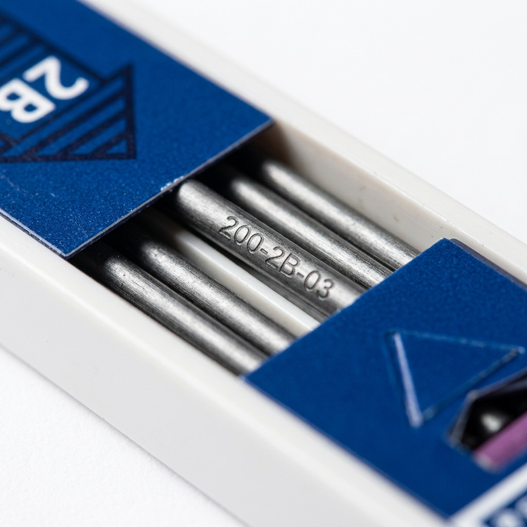 Macro shot of STAEDTLER Mars carbon leads and dispenser, showing 2mm details and product markings.