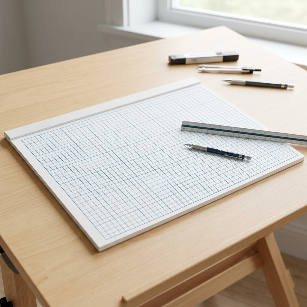 A lifestyle image of the STAEDTLER 17x22 paper pad with the exact 4x4 grid shown in image_0.png, resting on a clean wooden drafting table with a architectural ruler and a STAEDTLER pencil, under natural window light. The product's specific, dense blue-line grid and paper format from image_0.png are preserved.
