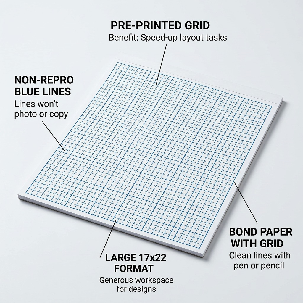 A diagram-style graphic showcasing key features of the STAEDTLER Paper Bond pad for precise technical work.