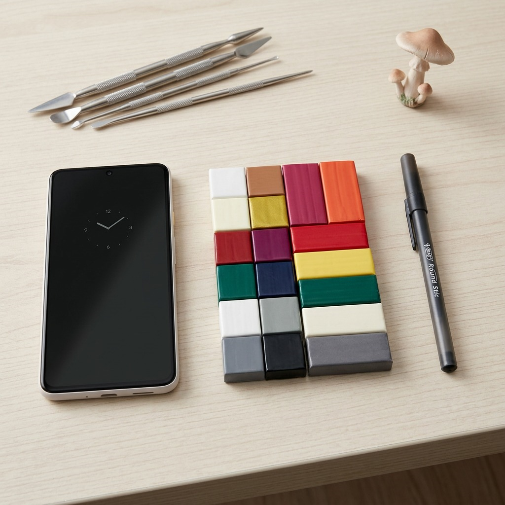 FIMO Effect 12-color clay pack next to a smartphone and a pen for size comparison.