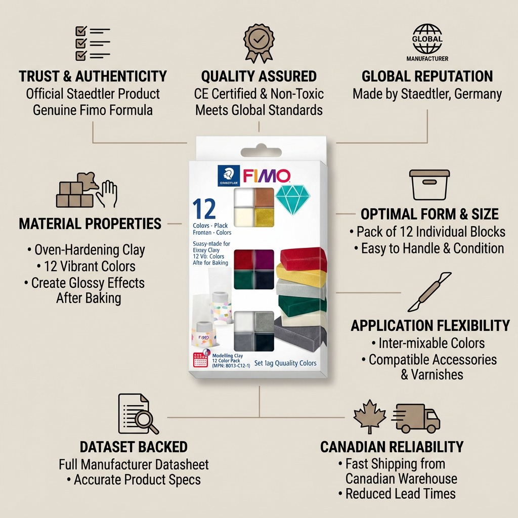 Confidence-building infographic showing trust icons, manufacturer data, and Canadian shipping for Fimo clay.