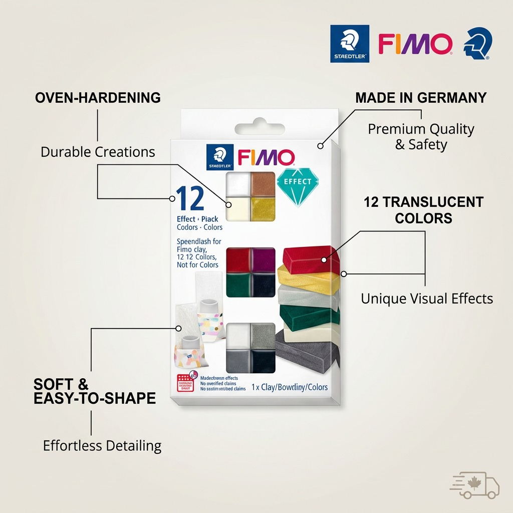 Fimo Effect 12 Color Pack feature graphic showing oven-hardening, translucent colors, soft texture, and German quality.