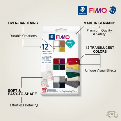Fimo Effect 12 Color Pack feature graphic showing oven-hardening, translucent colors, soft texture, and German quality.
