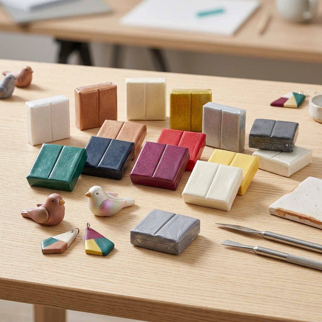 Close-up of STAEDTLER Fimo Effect clay colors arranged on a wooden work surface with a small sculpted charm.